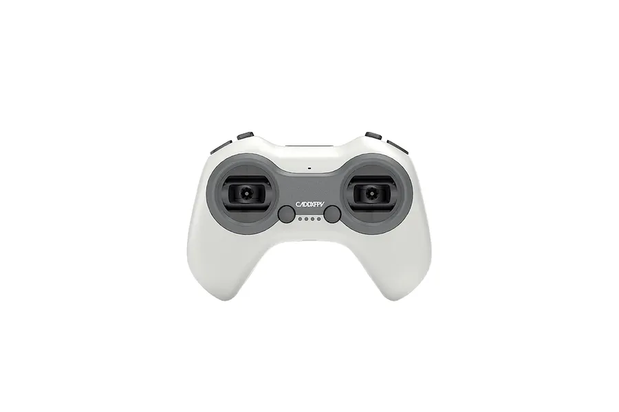A white and grey CaddxFPV radio transmitter controller with two gimbals, buttons, and a central logo.