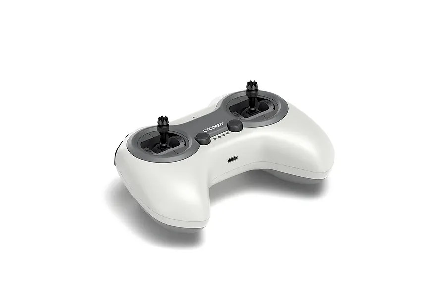 CaddxFPV Alink 2.4GHz 10ch transmitter in white and grey, featuring two black gimbals and a central USB-C port.
