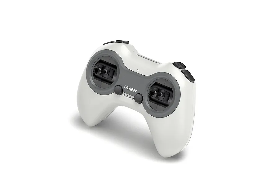 A white and grey CaddxFPV Alink 2.4GHz 10ch RC transmitter controller viewed from a high angle against a white background.