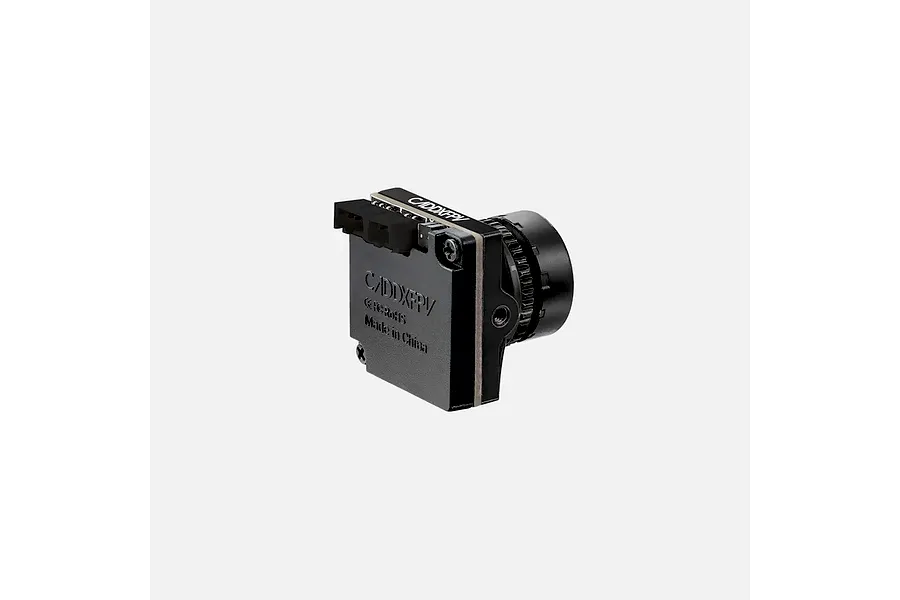 CaddxFPV Ratel 2 analog FPV camera in black, showing the rear casing with connectors and lens housing.