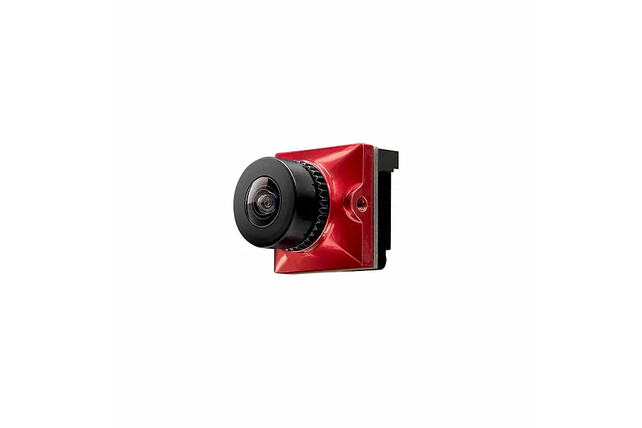 CaddxFPV Ratel 2 analog FPV camera in red, featuring a prominent black lens and square housing against a white background.