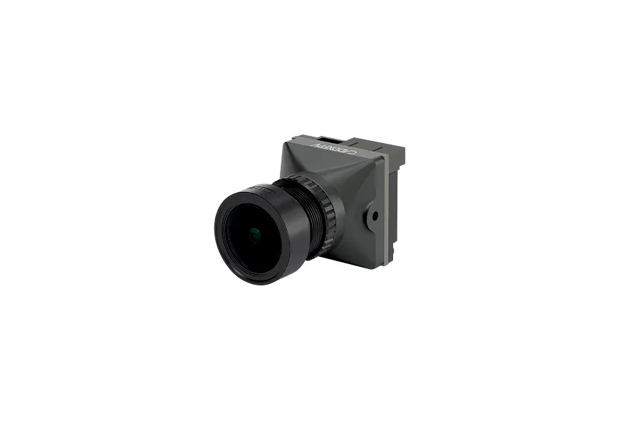 CaddxFPV Ratel Pro analog FPV camera shown from a side angle against a black background.