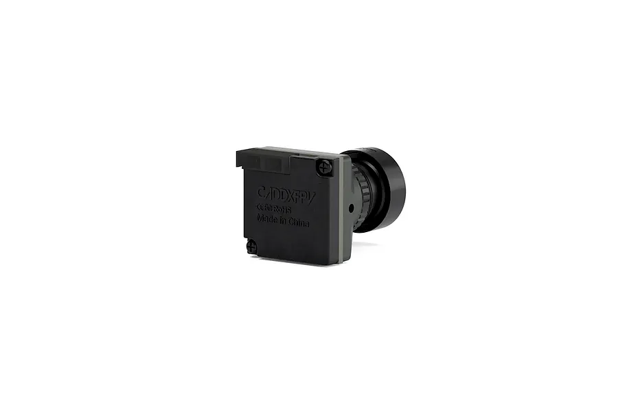 A black CaddxFPV Ratel Pro analog FPV camera viewed from the rear, showing the casing, lens, and branding against a white background.