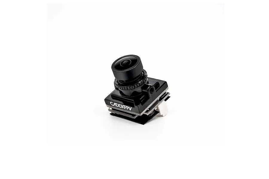 CaddxFPV Baby Ratel 2 analog FPV camera for drones, featuring a black housing and lens on a white background.