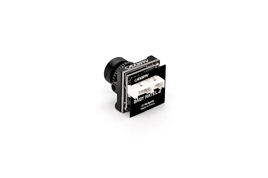 CaddxFPV Baby Ratel 2 analog FPV camera showing the rear circuit board with connectors and branding on a white background.