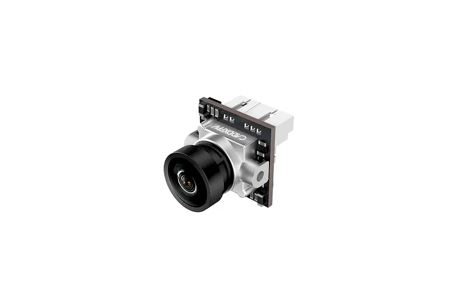 CaddxFPV Ant Analog FPV camera in silver with a black lens housing, shown from a side angle against a white background.