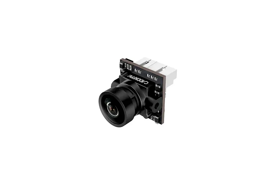 CaddxFPV Ant analog FPV camera in black, featuring a wide-angle lens and a white connector port on a circuit board.