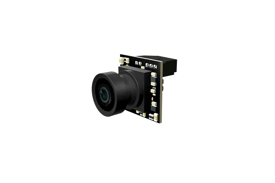 CaddxFPV Ant Lite analog FPV camera showing the lens, sensor housing, and exposed circuit board components.