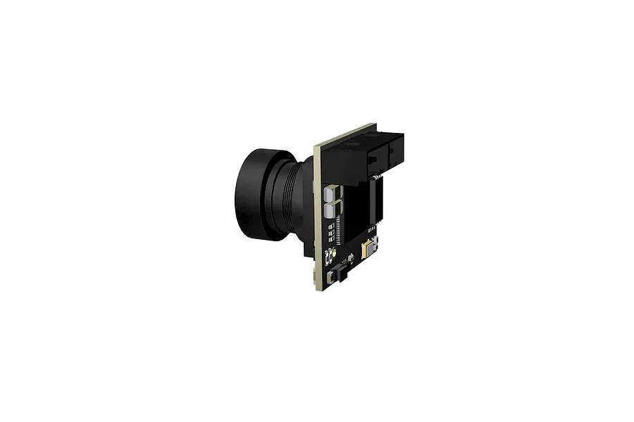CaddxFPV Ant Lite analog FPV camera viewed from the side, showing the lens, circuit board, and connector ports.