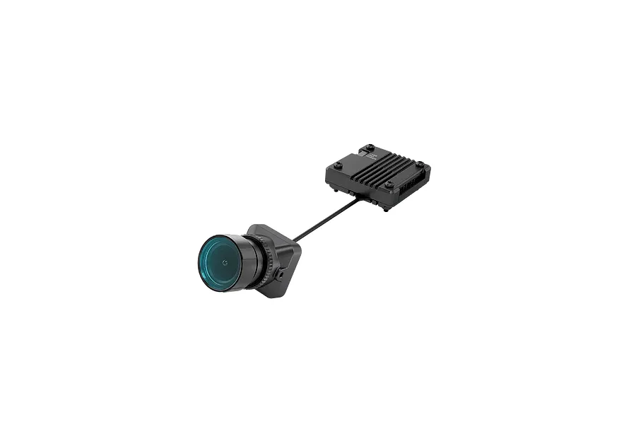 CaddxFPV Gazer analog FPV camera with lens and separate heatsink module connected by a ribbon cable.