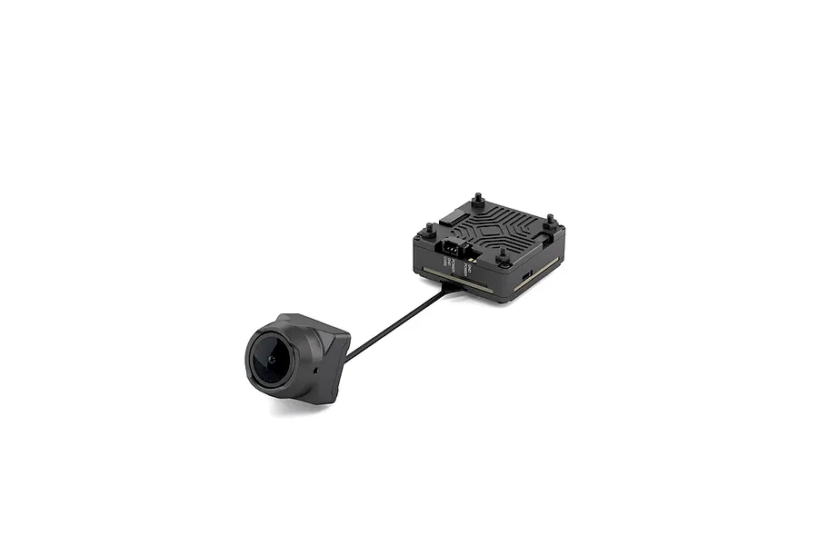 CaddxFPV Farsight 8X analog FPV camera unit with a remote sensor module connected by a ribbon cable against a white background.