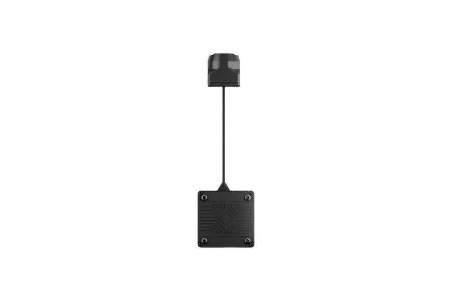 CaddxFPV Farsight 8X analog FPV camera unit with a square black processing module connected by a thin cable to the camera lens housing.