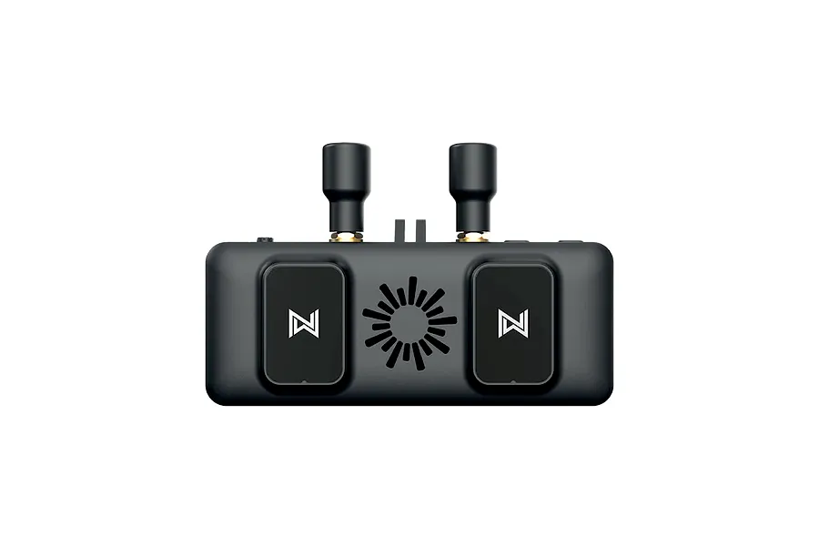 CaddxFPV Walksnail Avatar HD VRX receiver unit featuring two antennas and a central cooling vent design on a black background.