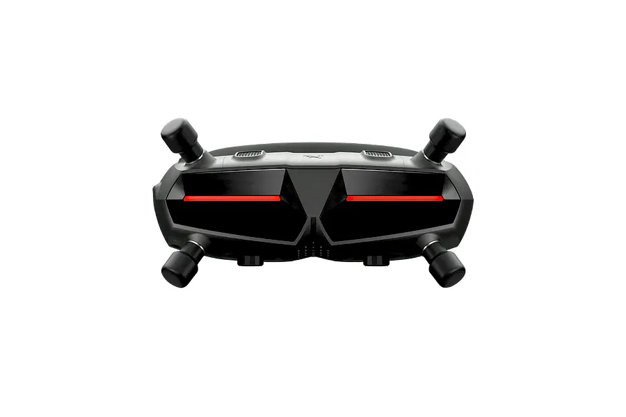 Front view of the CaddxFPV Walksnail Avatar HD FPV Goggles X featuring a sleek black and grey design with four antennas and red light bars.