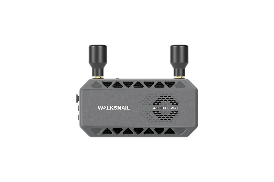 CaddxFPV Walksnail Ascent VRX receiver unit in grey with two black antennas attached, viewed from the front.