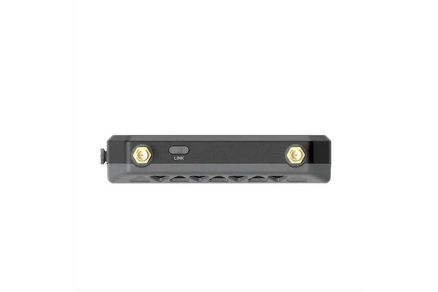 Side view of the CaddxFPV Walksnail Ascent VRX receiver showing two gold antenna ports and a Link button on a dark grey housing.