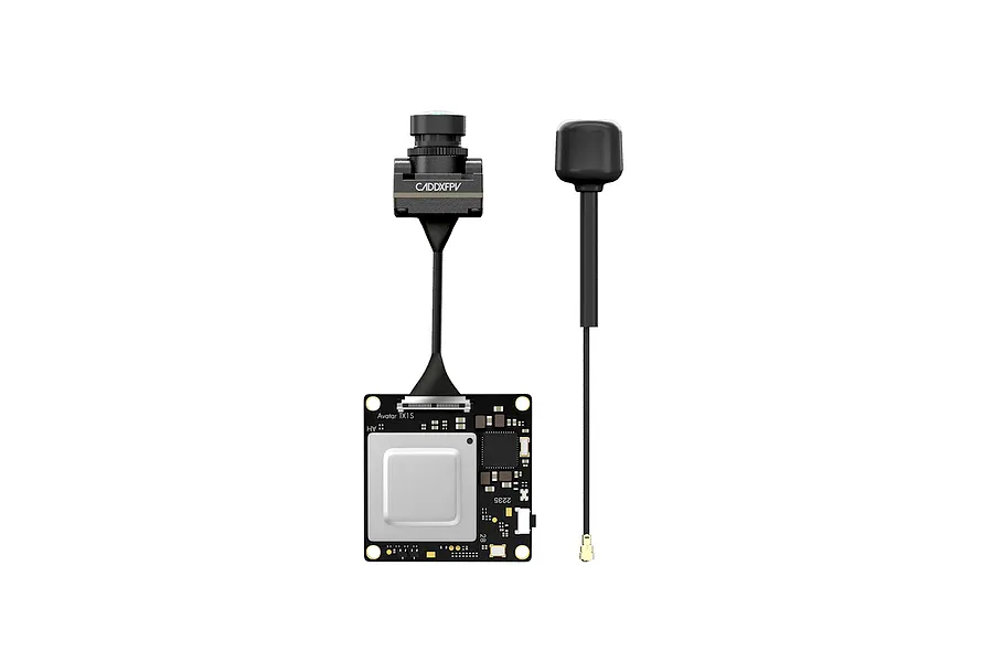 CaddxFPV Walksnail Avatar HD Mini 1S FPV camera and video transmitter module with a separate antenna on a white background.
