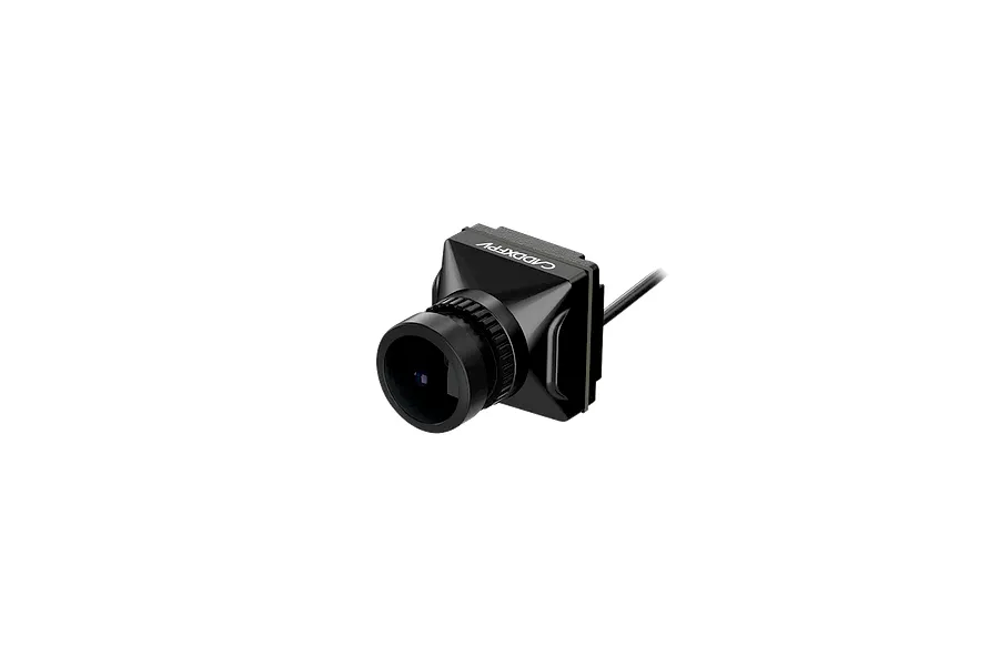 CaddxFPV Walksnail Avatar HD Pro FPV camera with a black housing and lens, shown from a front-side angle against a black background.