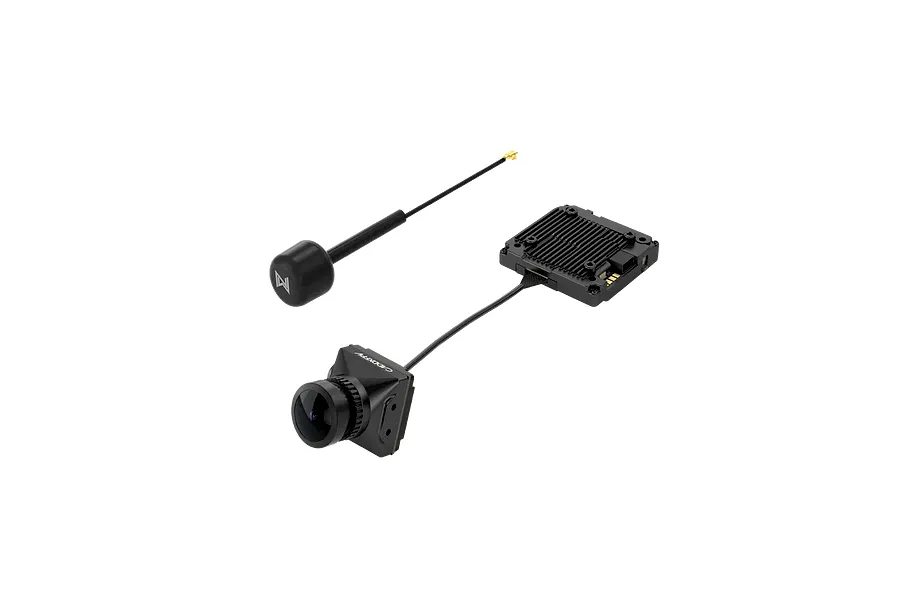CaddxFPV Walksnail Avatar HD Pro FPV camera and video transmitter module with antenna on a black background.