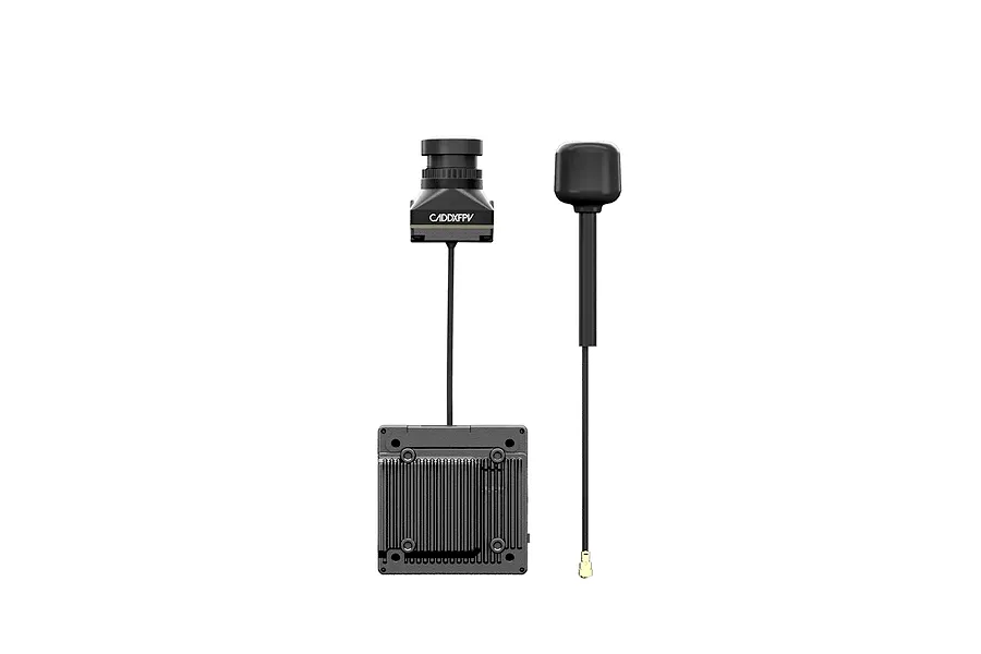 CaddxFPV Walksnail Avatar HD Pro camera module connected to a VTX unit with a separate antenna.