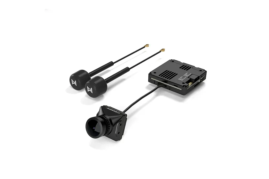 CaddxFPV Walksnail Avatar HD Pro FPV camera system including a camera, video transmitter unit, and two antennas.