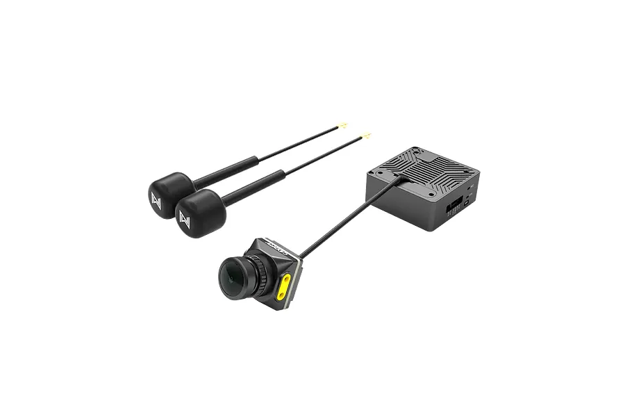 CaddxFPV Walksnail Avatar HD Moonlight FPV camera and video transmitter kit with two antennas on a black background.