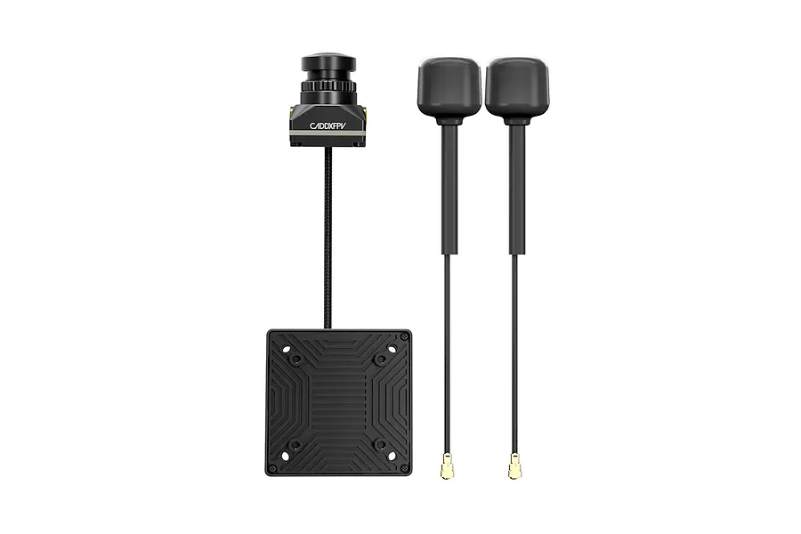 CaddxFPV Walksnail Avatar HD Moonlight FPV camera module connected to a square flight controller, accompanied by two black antennas.