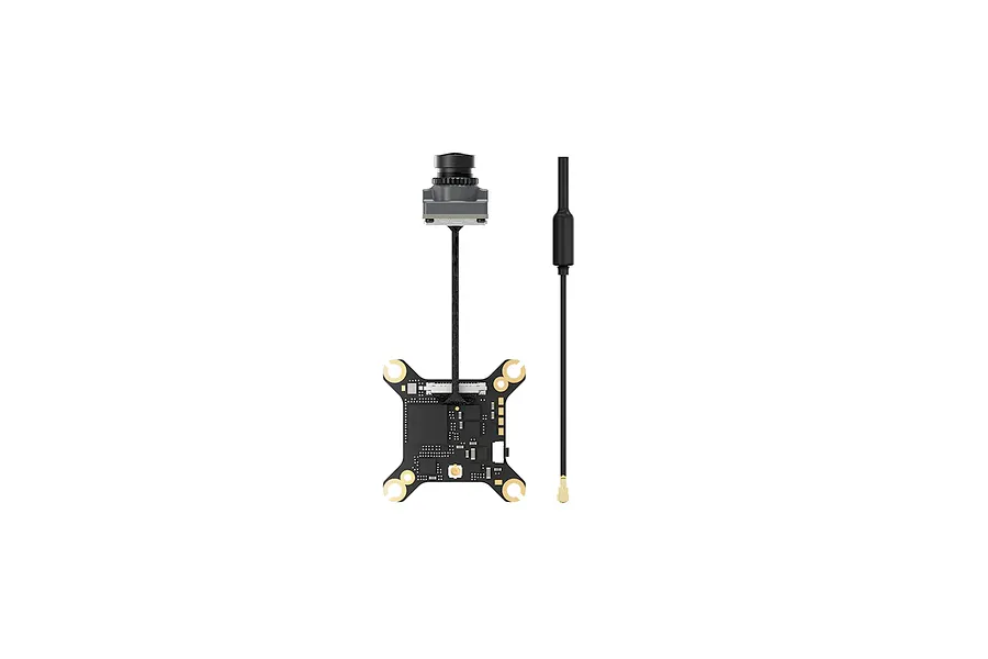 CaddxFPV Walksnail Ascent Lite FPV camera, flight controller board, and antenna cable on a white background.