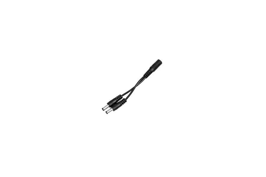 A black 1-to-2 DC power splitter cable for FPV equipment, featuring one female DC barrel connector splitting into two male DC barrel connectors.