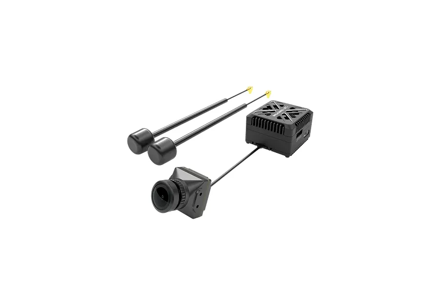 CaddxFPV Walksnail GT2 digital FPV video transmitter unit with camera and two antennas on a black background.
