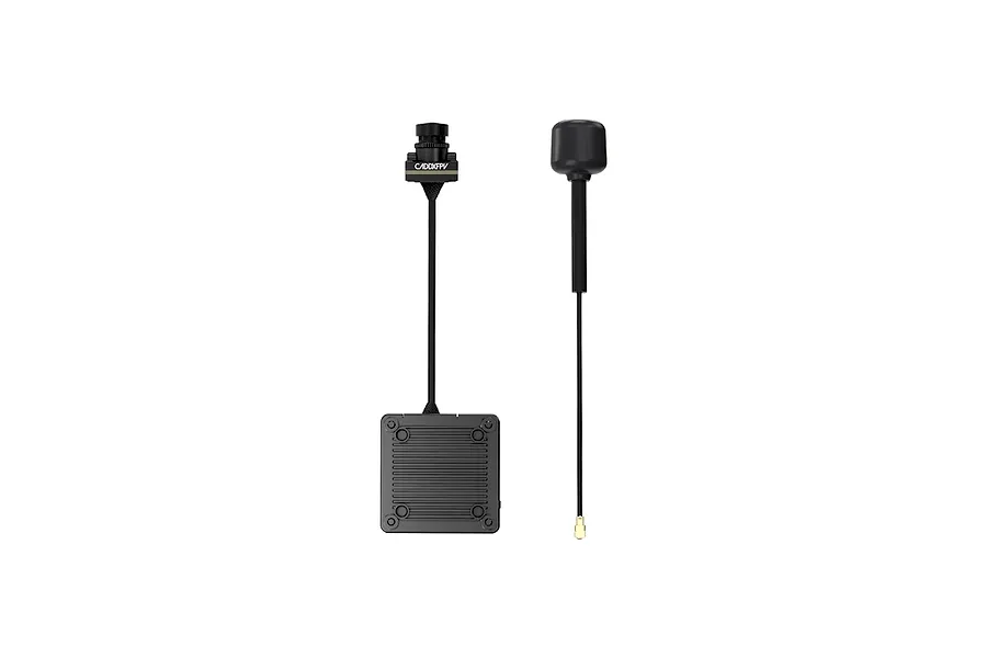 CaddxFPV Walksnail Avatar HD Nano V3 FPV camera module connected to a VTX unit and a separate black antenna on a white background.