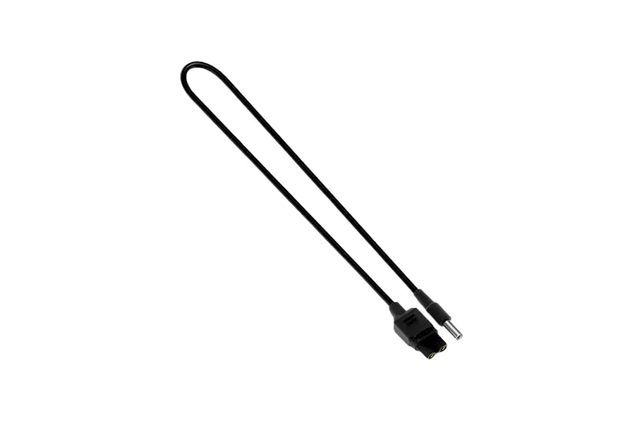 A black power cable with an XT30 connector on one end and a DC barrel plug on the other, isolated against a black background.