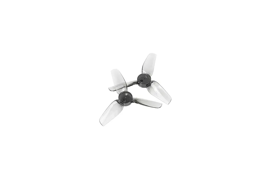 Two clear, three-blade drone propellers positioned on a white background.