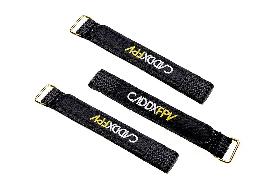 Three black CaddxFPV branded battery straps with gold-coloured metal buckles arranged on a white background.