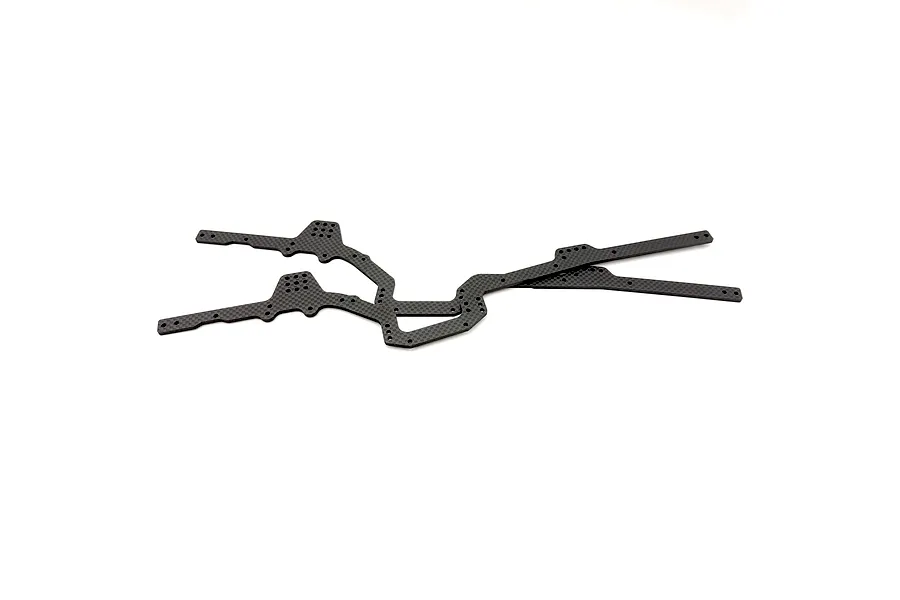 Two carbon fibre RC chassis rails with a woven pattern and multiple mounting holes, isolated on a white background.