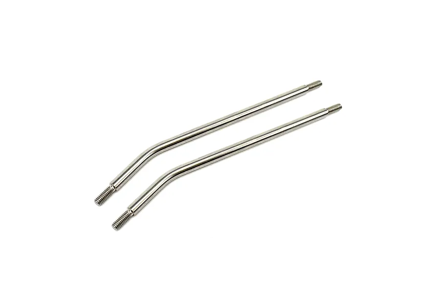 Two silver-coloured titanium RC suspension links with a slight bend, featuring threaded ends on a plain white background.