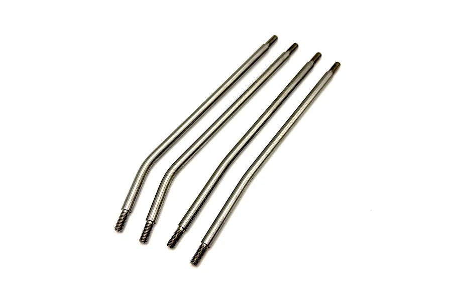 Four metal RC suspension link rods with threaded ends arranged diagonally on a white background.