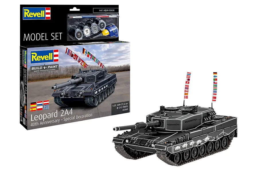Revell 1/35 scale Leopard 2A4 40th Anniversary model tank kit box and a fully assembled, painted black tank model with white trim and flag antennas.