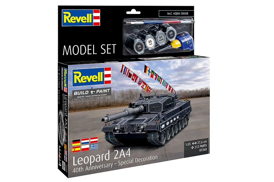 Revell 1/35 scale Leopard 2A4 40th Anniversary model kit box showing a tank with international flags and included paints and brush.