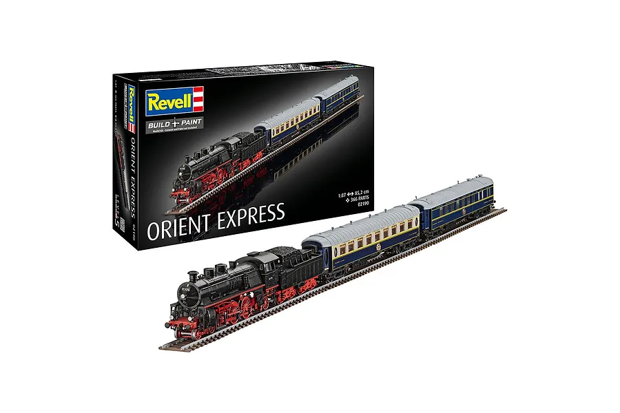 Revell 1/87 scale Orient Express plastic model kit box and the assembled train model displayed on a track against a white background.