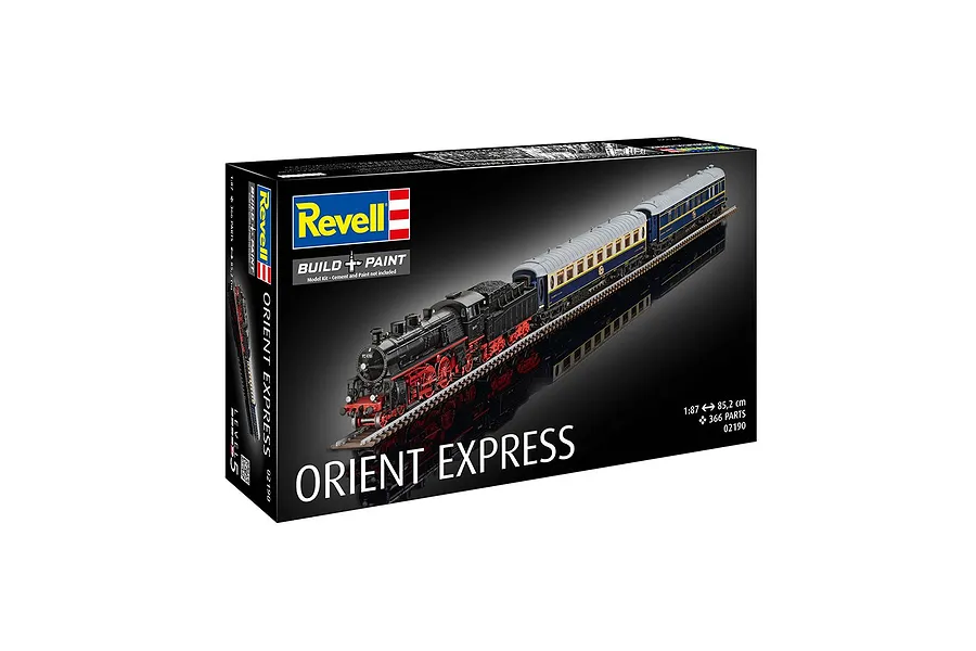 Revell 1/87 scale Orient Express plastic model kit box featuring a steam locomotive and passenger carriages on a black background.
