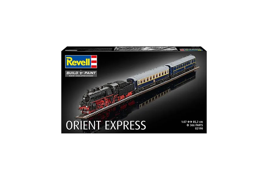Revell 1/87 scale Orient Express model train kit box showing a black steam locomotive and blue passenger carriages on a track.