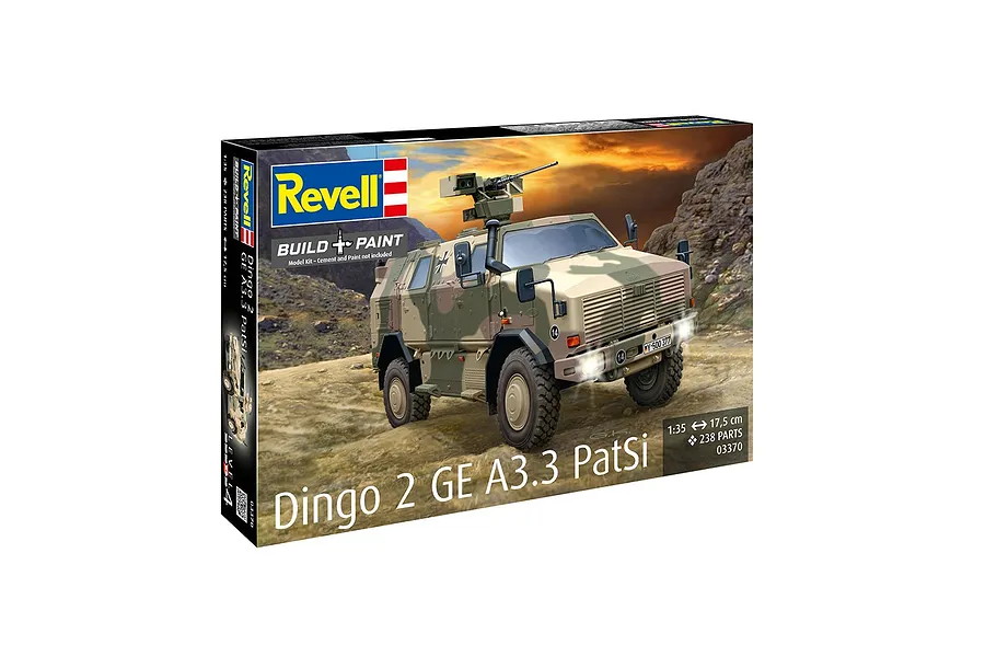 Revell 1/35 scale Dingo 2 GE A3.3 PatSi plastic model kit box featuring an illustration of the armored vehicle in a desert landscape.