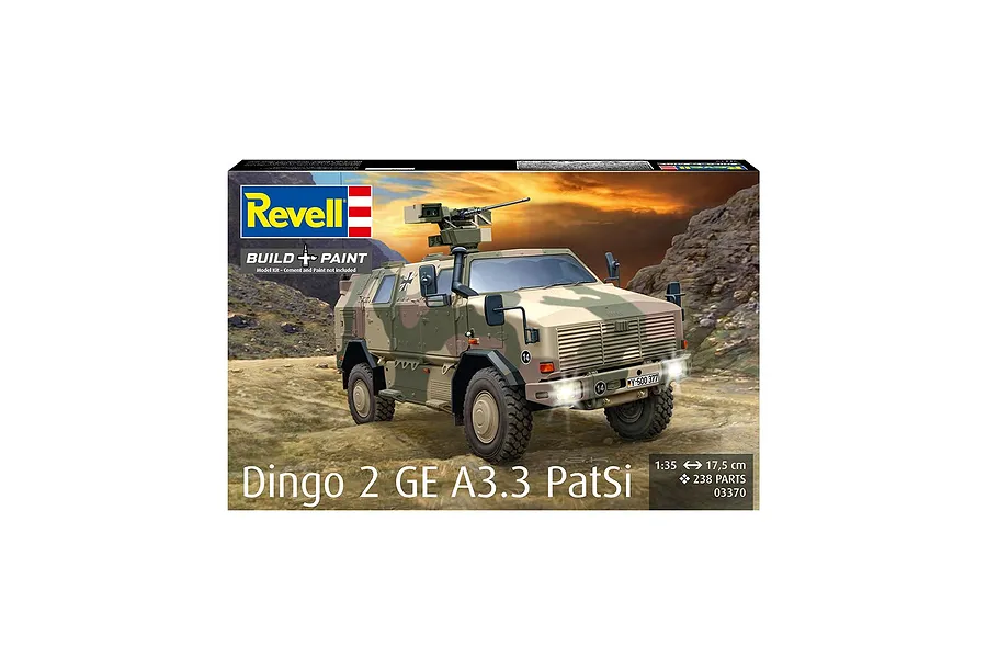 Revell 1/35 scale Dingo 2 GE A3.3 PatSi plastic model kit box art showing an armoured vehicle in a desert landscape.