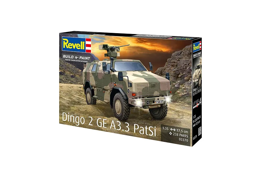 Revell 1/35 scale Dingo 2 GE A3.3 PatSi plastic model kit box showing an illustration of the armoured vehicle in a desert landscape.