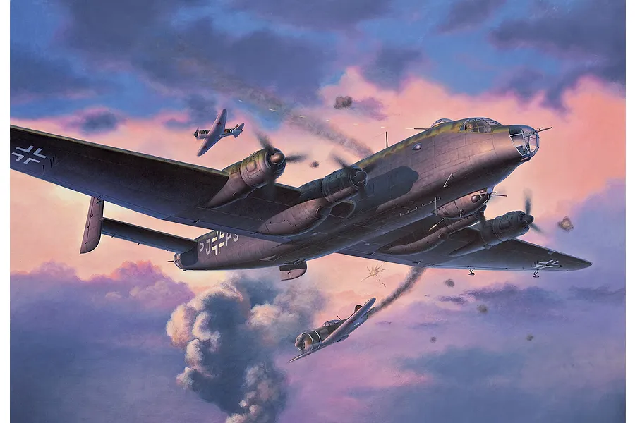 Box art illustration of a Junkers Ju 290 military aircraft in flight, engaged in an aerial battle against smaller fighter planes amidst a sunset sky.