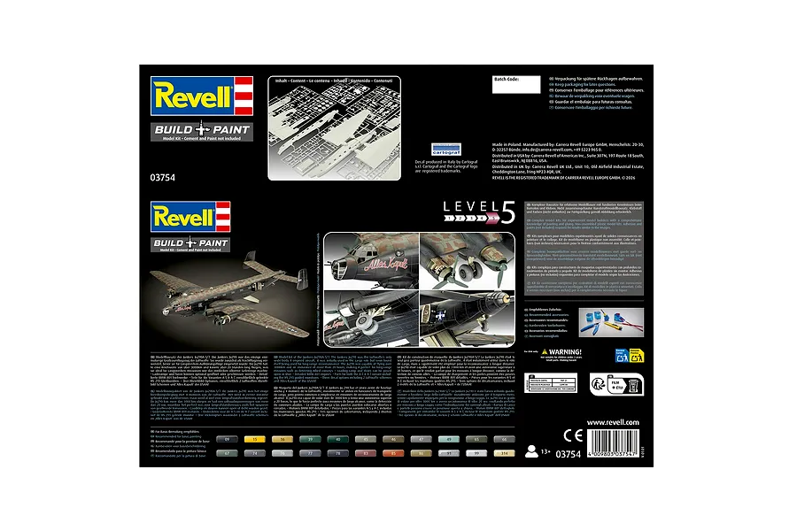 The back of a Revell Junkers Ju290A-5/7 model kit box, showing product information, assembly level, and historical context in multiple languages.