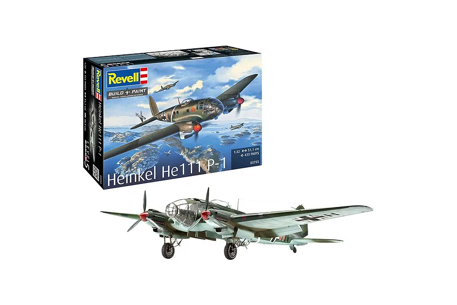 A Revell 1/32 scale Heinkel He 111P-1 model kit box displayed alongside a fully assembled and painted model of the aircraft.