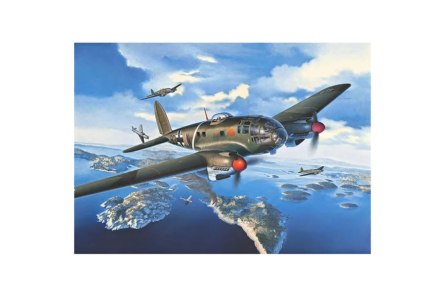 Box art illustration of a Heinkel He 111 bomber flying over a coastal landscape with other aircraft in the background.