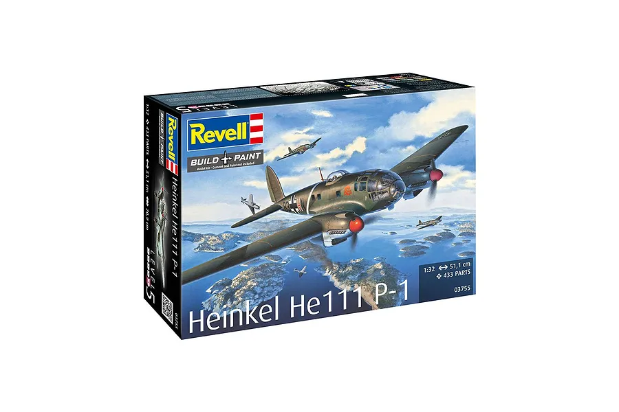Revell 1/32 scale Heinkel He 111P-1 model aircraft kit box showing artwork of the bomber flying over a landscape.